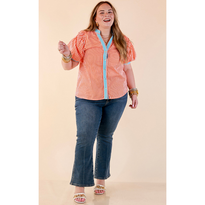 Pop of Polish Short Puff Sleeve Button Front Top with Contrast Trim in Orange, White and Sky Blue