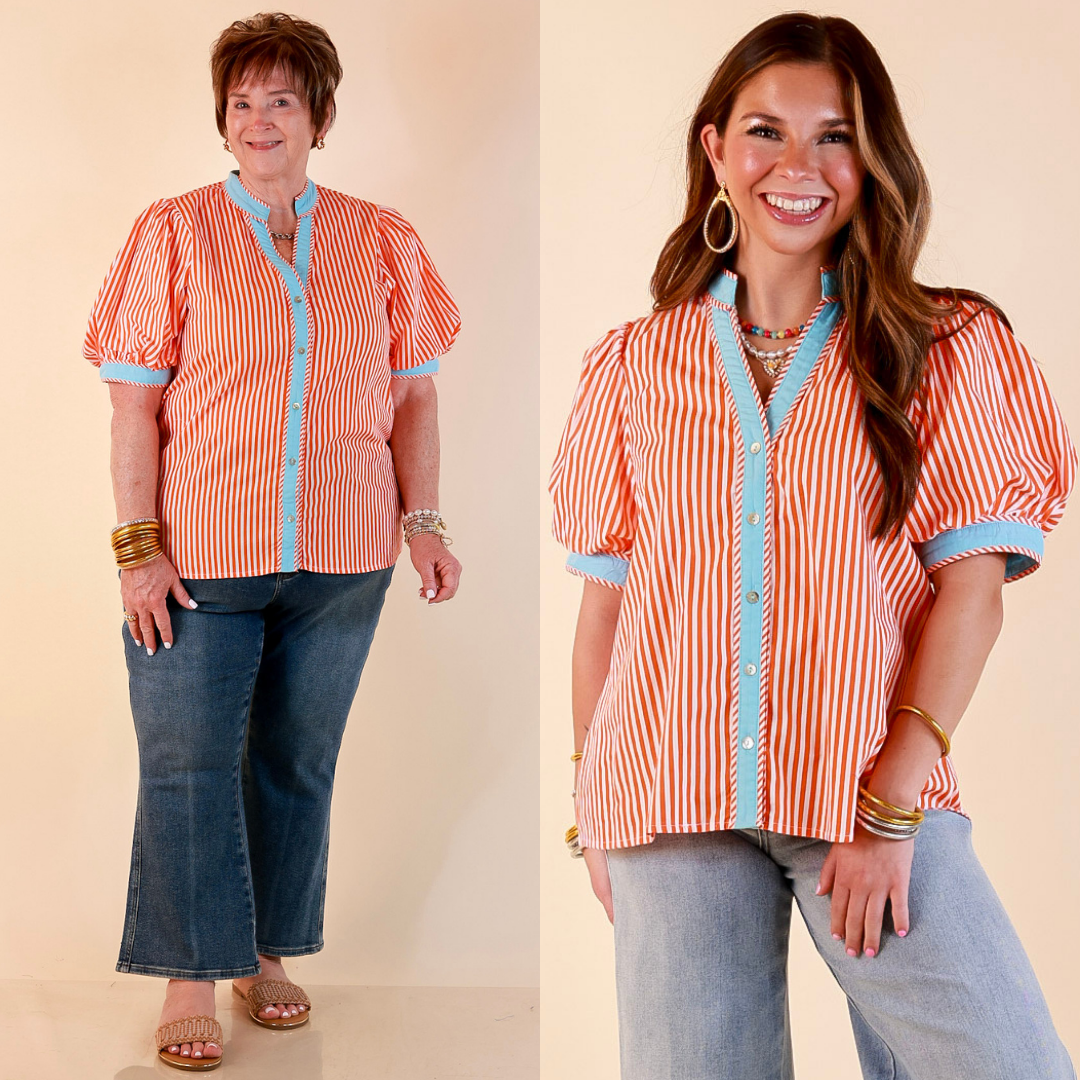 Pop of Polish Short Puff Sleeve Button Front Top with Contrast Trim in Orange, White and Sky Blue