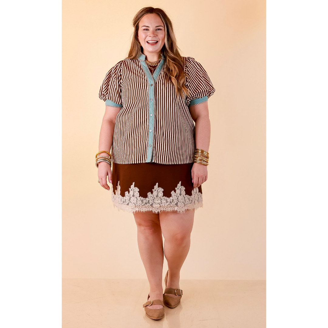 Pop of Polish Short Puff Sleeve Button Front Top with Contrast Trim in White, Chocolate Brown and Blue
