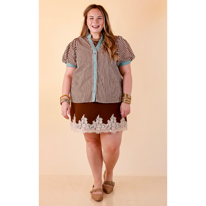 Pop of Polish Short Puff Sleeve Button Front Top with Contrast Trim in White, Chocolate Brown and Blue