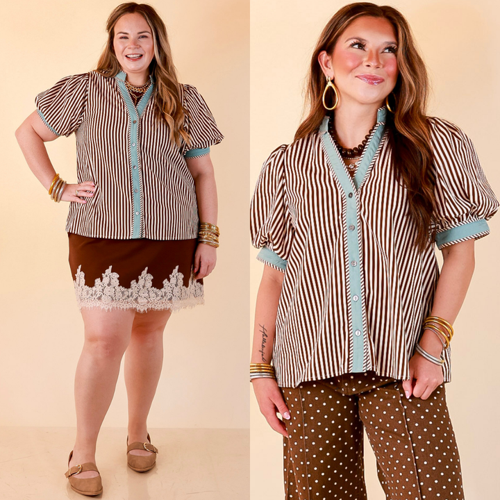 Pop of Polish Short Puff Sleeve Button Front Top with Contrast Trim in White, Chocolate Brown and Blue