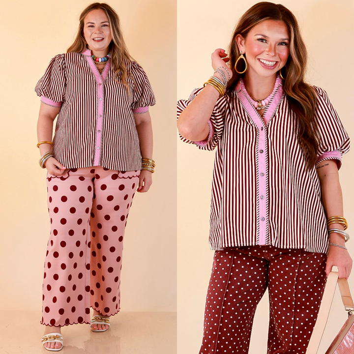 Pop of Polish Short Puff Sleeve Button Front Top with Contrast Trim in White, Maroon, and Pink