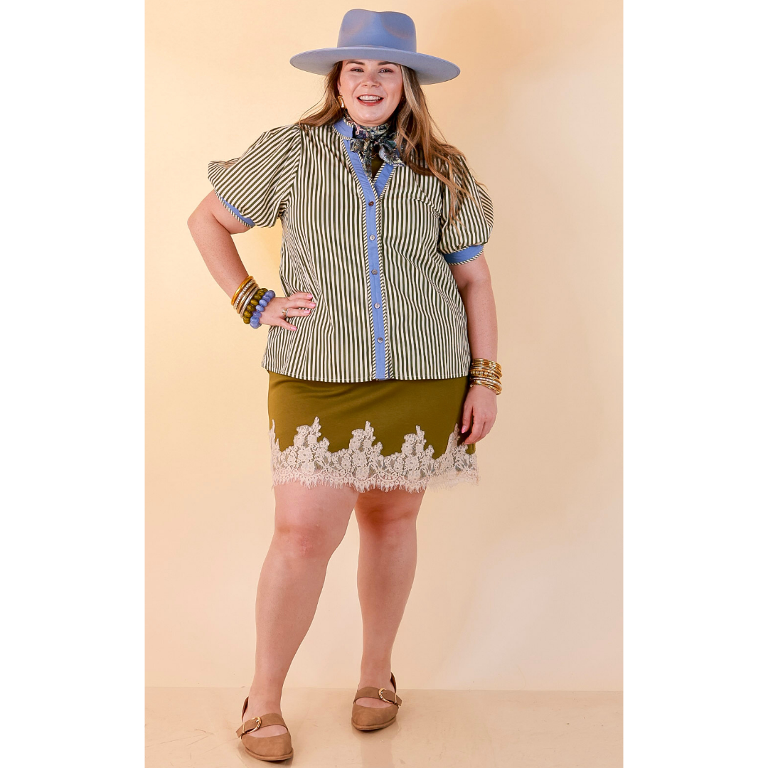 Pop of Polish Short Puff Sleeve Button Front Top with Contrast Trim in White, Olive Green and Periwinkle Blue