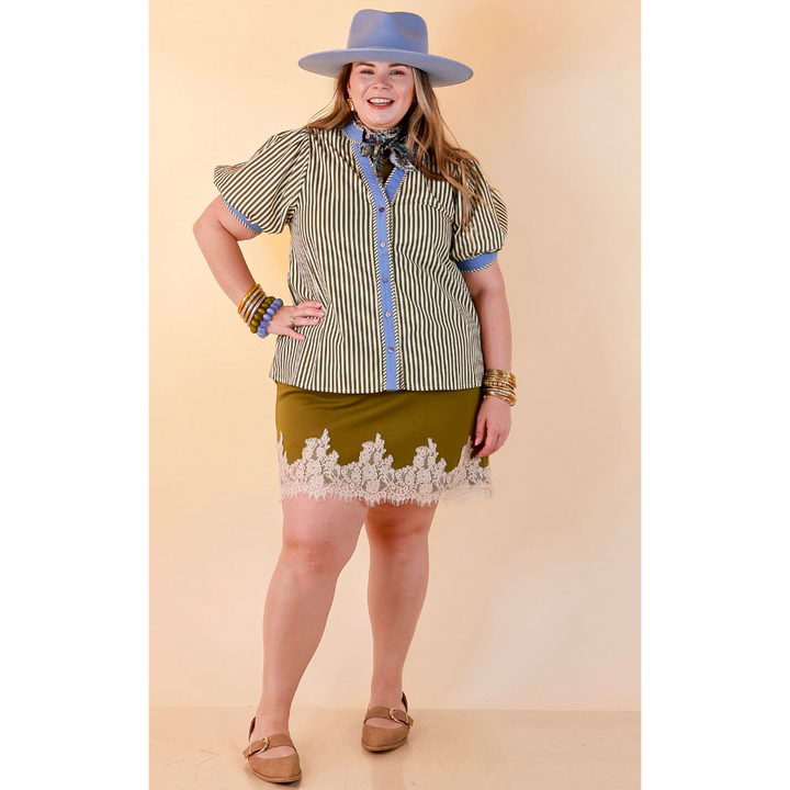 Pop of Polish Short Puff Sleeve Button Front Top with Contrast Trim in White, Olive Green and Periwinkle Blue