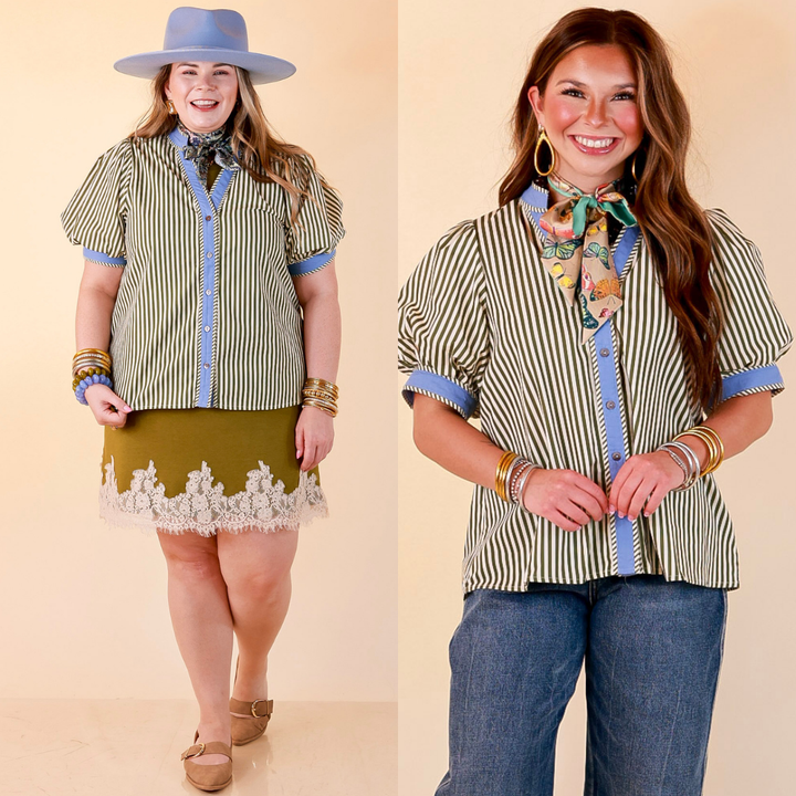 Pop of Polish Short Puff Sleeve Button Front Top with Contrast Trim in White, Olive Green and Periwinkle Blue
