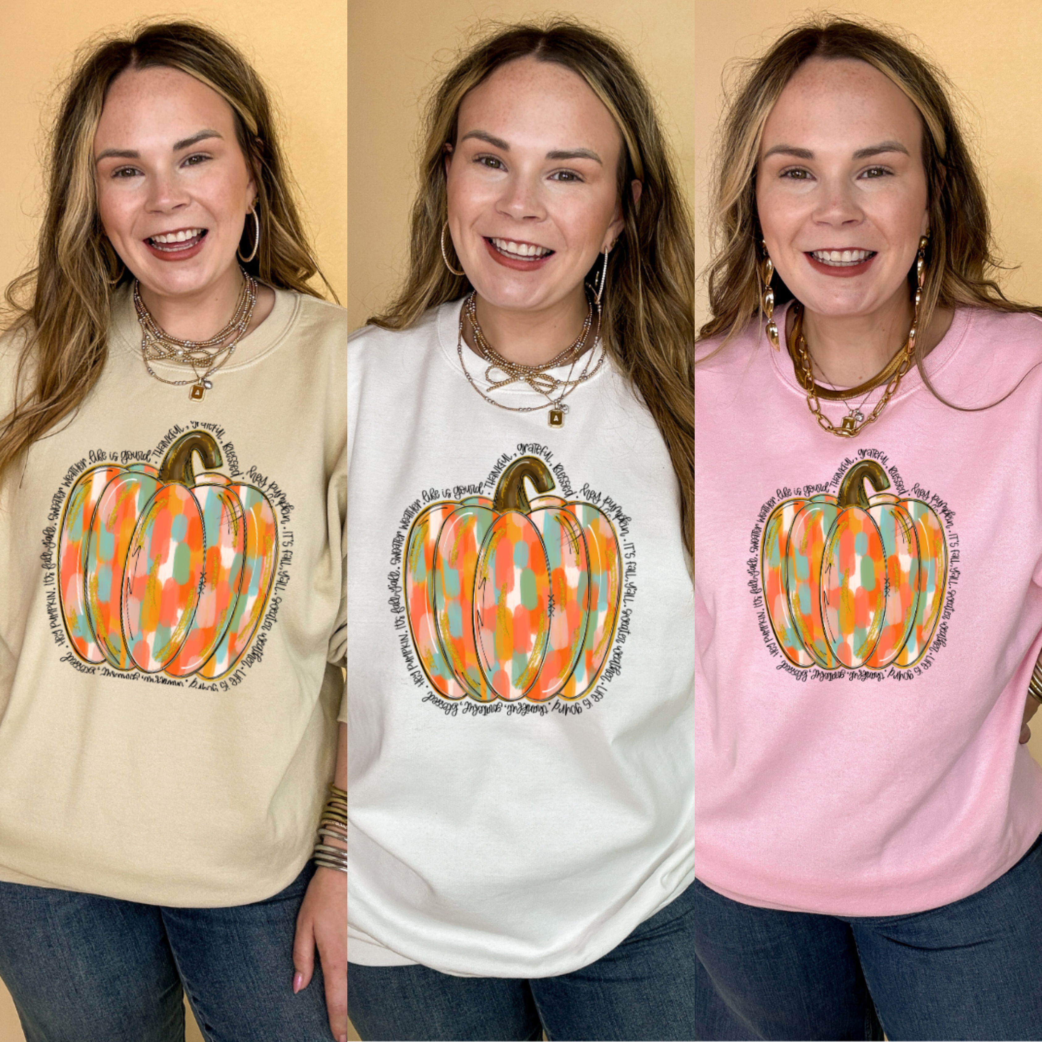 Online Exclusive | Positively Pumpkin Gold and Multi Colored Pumpkin with Fall Sayings Graphic Sweatshirt in Multiple Color Options