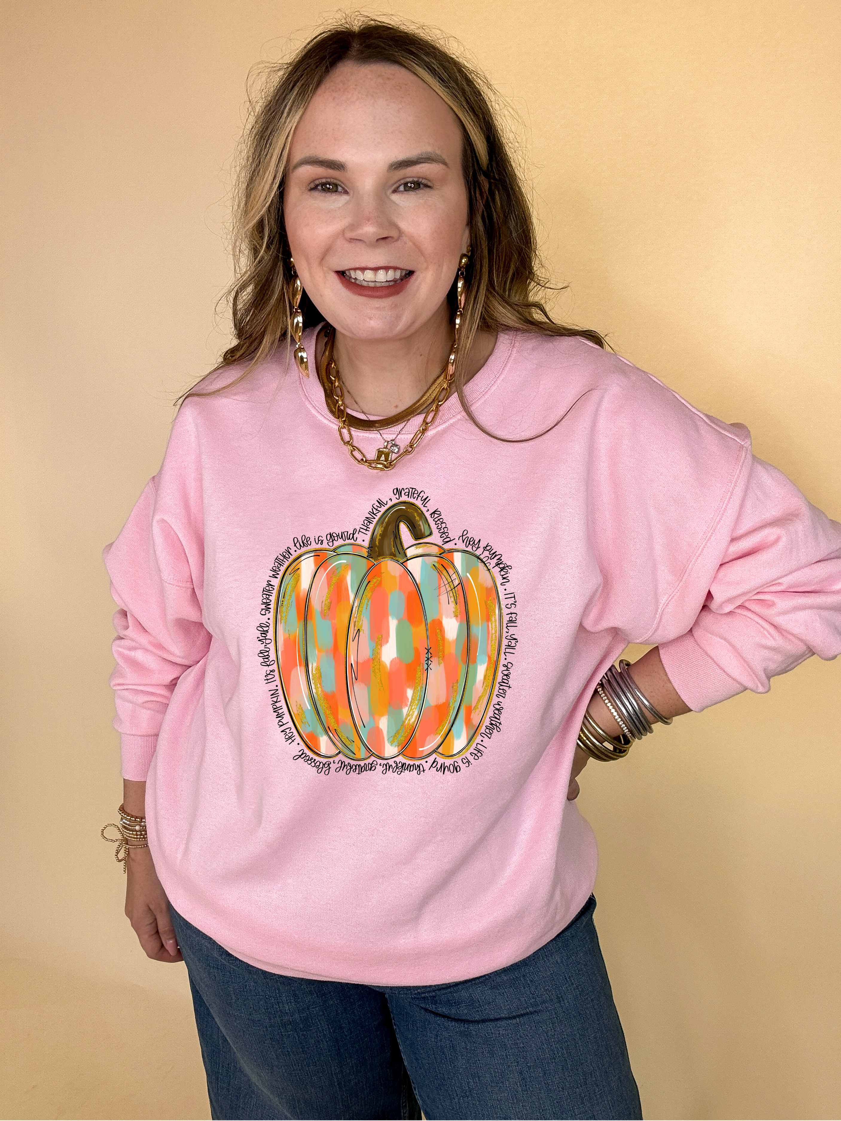 Online Exclusive | Positively Pumpkin Gold and Multi Colored Pumpkin with Fall Sayings Graphic Sweatshirt in Multiple Color Options