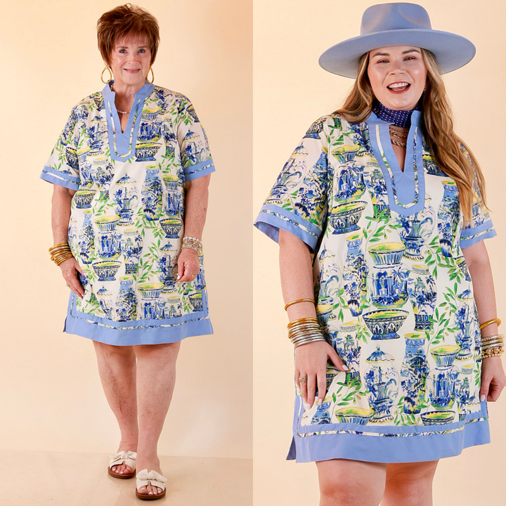 Postcards from Paradise Vase Print Contrast Trim Shift Dress in Blue Multi