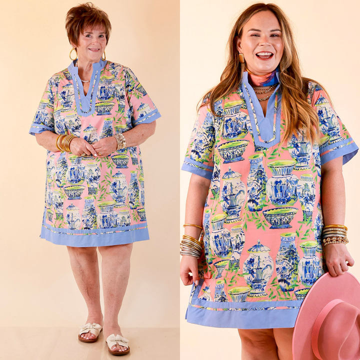 Postcards from Paradise Vase Print Contrast Trim Shift Dress in Coral Pink Multi