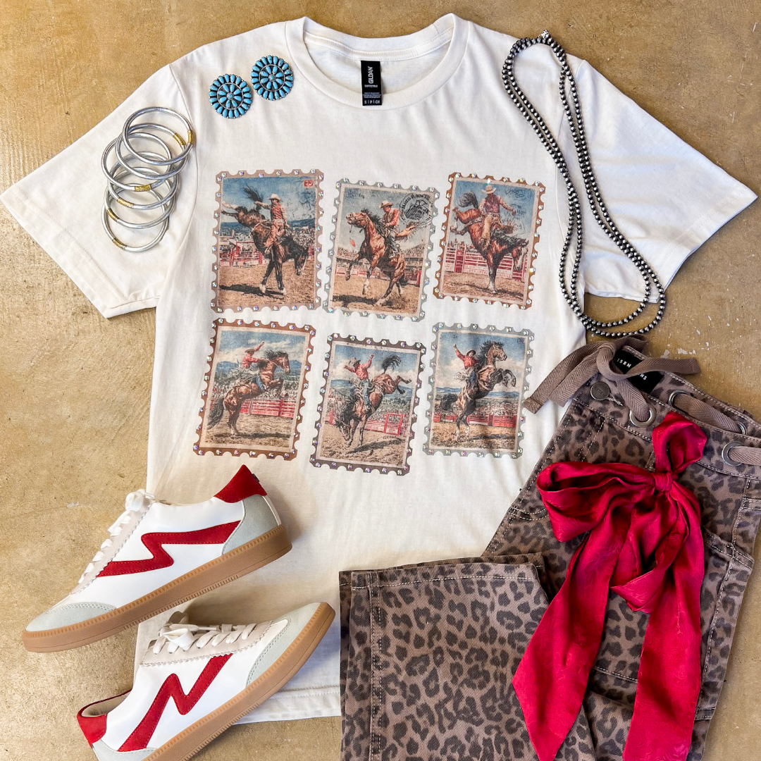 Postcards from the West Vintage Rodeo Printed Short Sleeve Graphic Tee with Crystals in Cream
