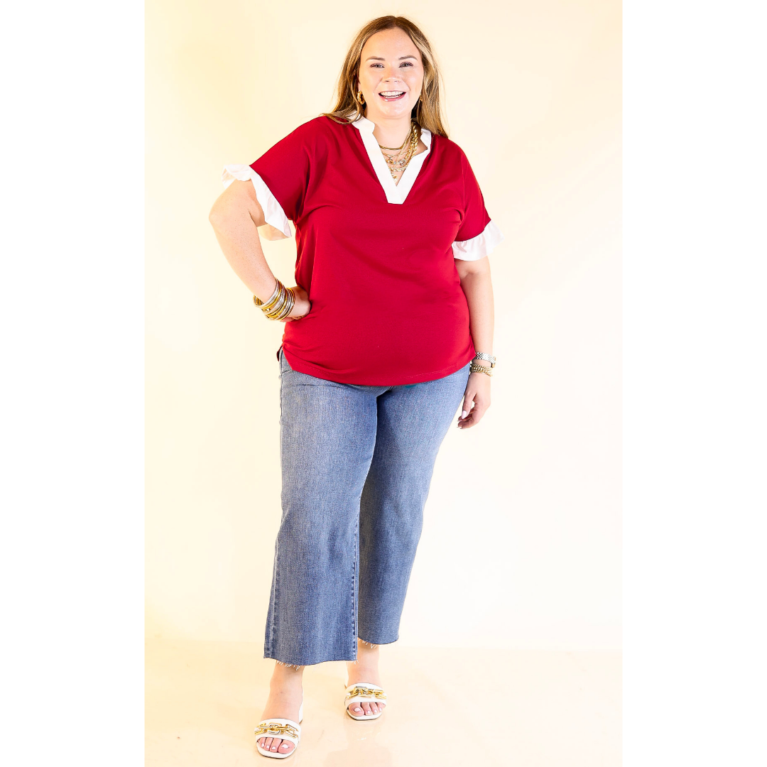 Power Play V Neck with Ruffle Short Sleeves and White Trim in Maroon