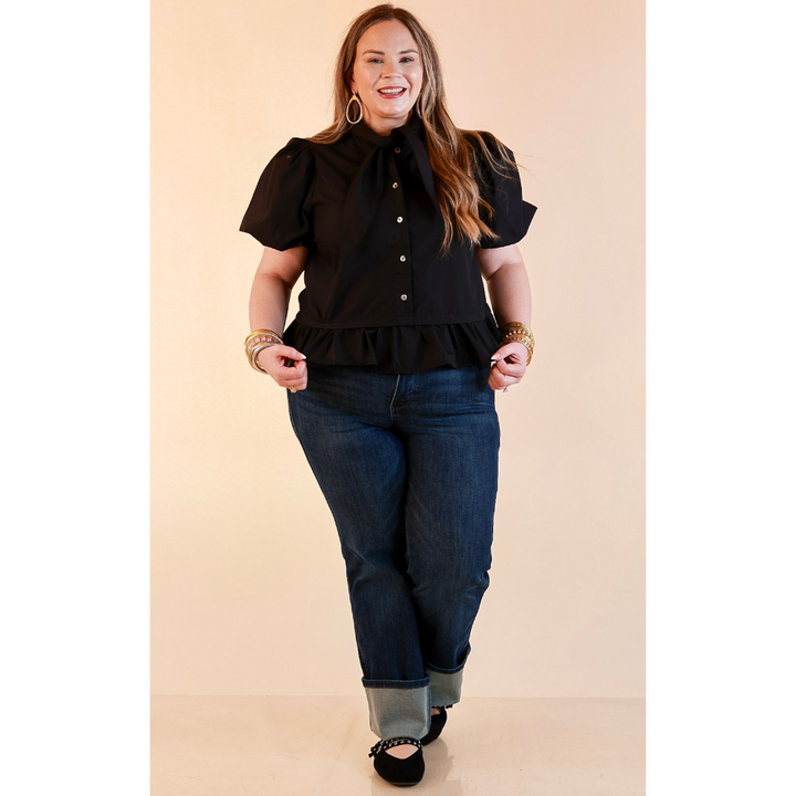 Present Company Solid Button Down Peplum Bubble Sleeve Tie Collar Top in Black
