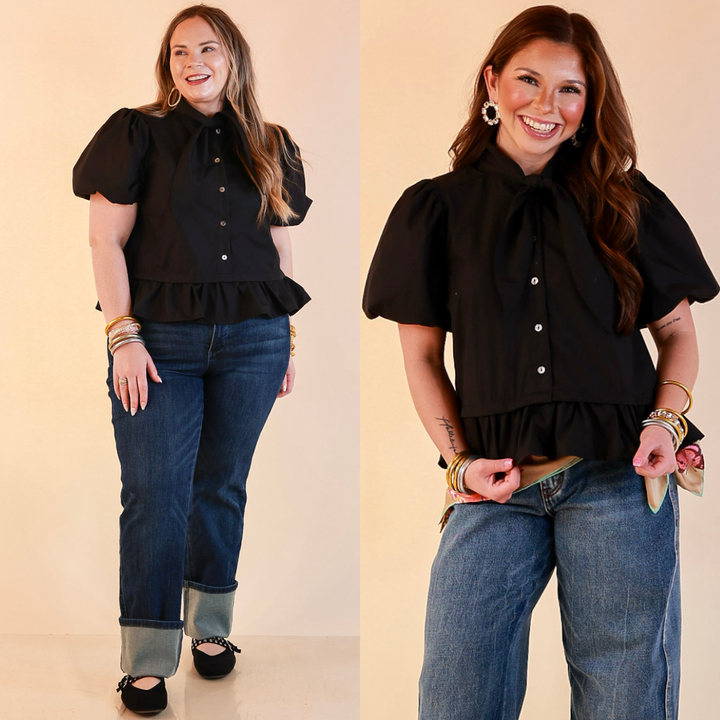 Present Company Solid Button Down Peplum Bubble Sleeve Tie Collar Top in Black