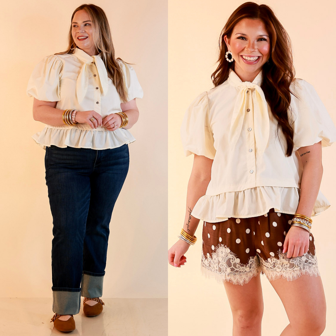 Present Company Solid Button Down Peplum Bubble Sleeve Tie Collar Top in Ivory