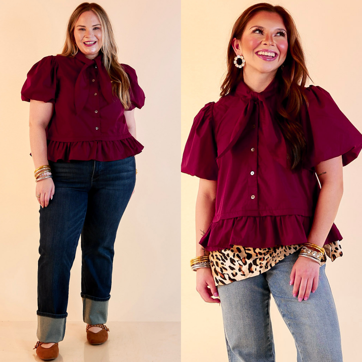 Present Company Solid Button Down Peplum Bubble Sleeve Tie Collar Top in Maroon