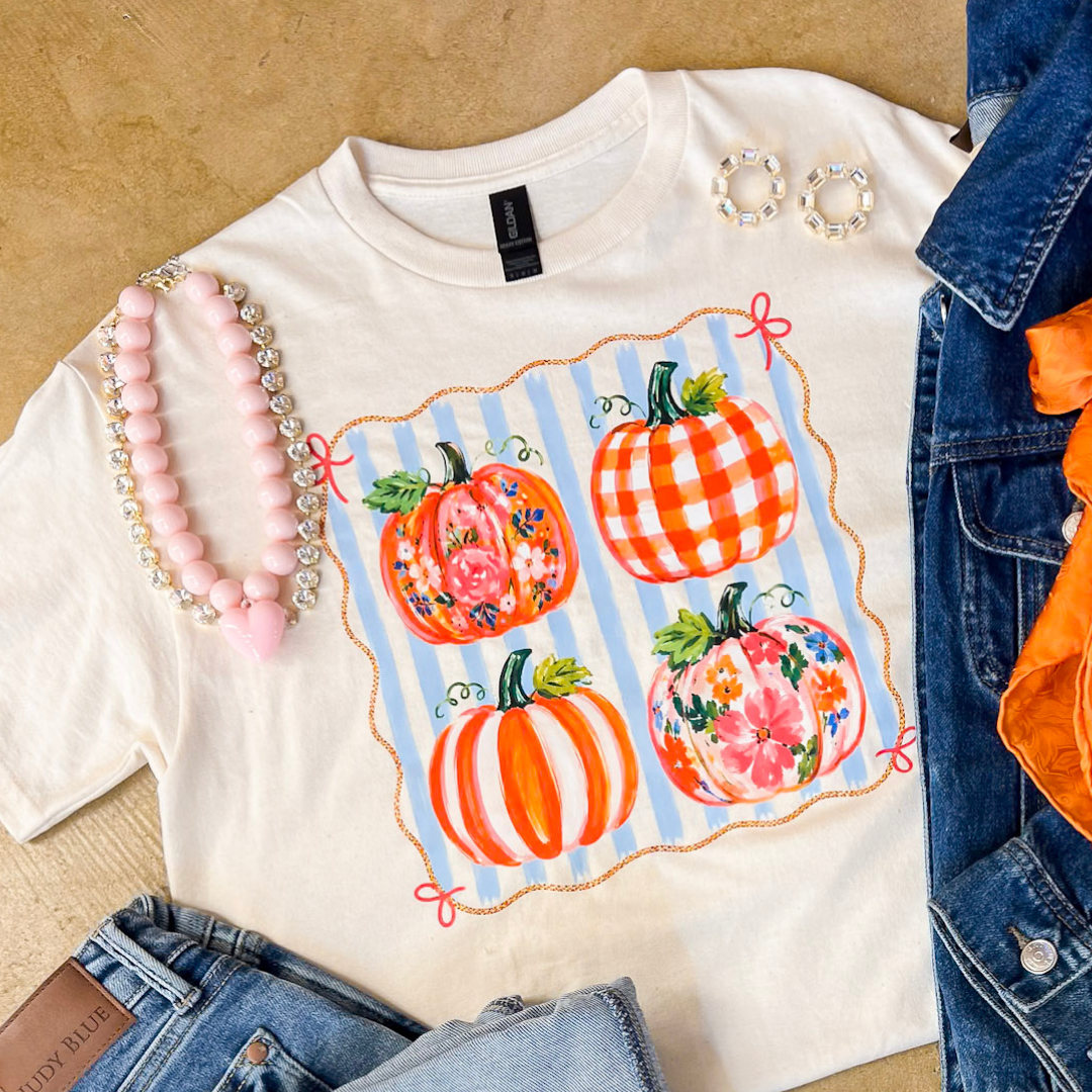 Prettiest in the Patch Stripe and Pumpkin Fall Graphic Tee in Natural