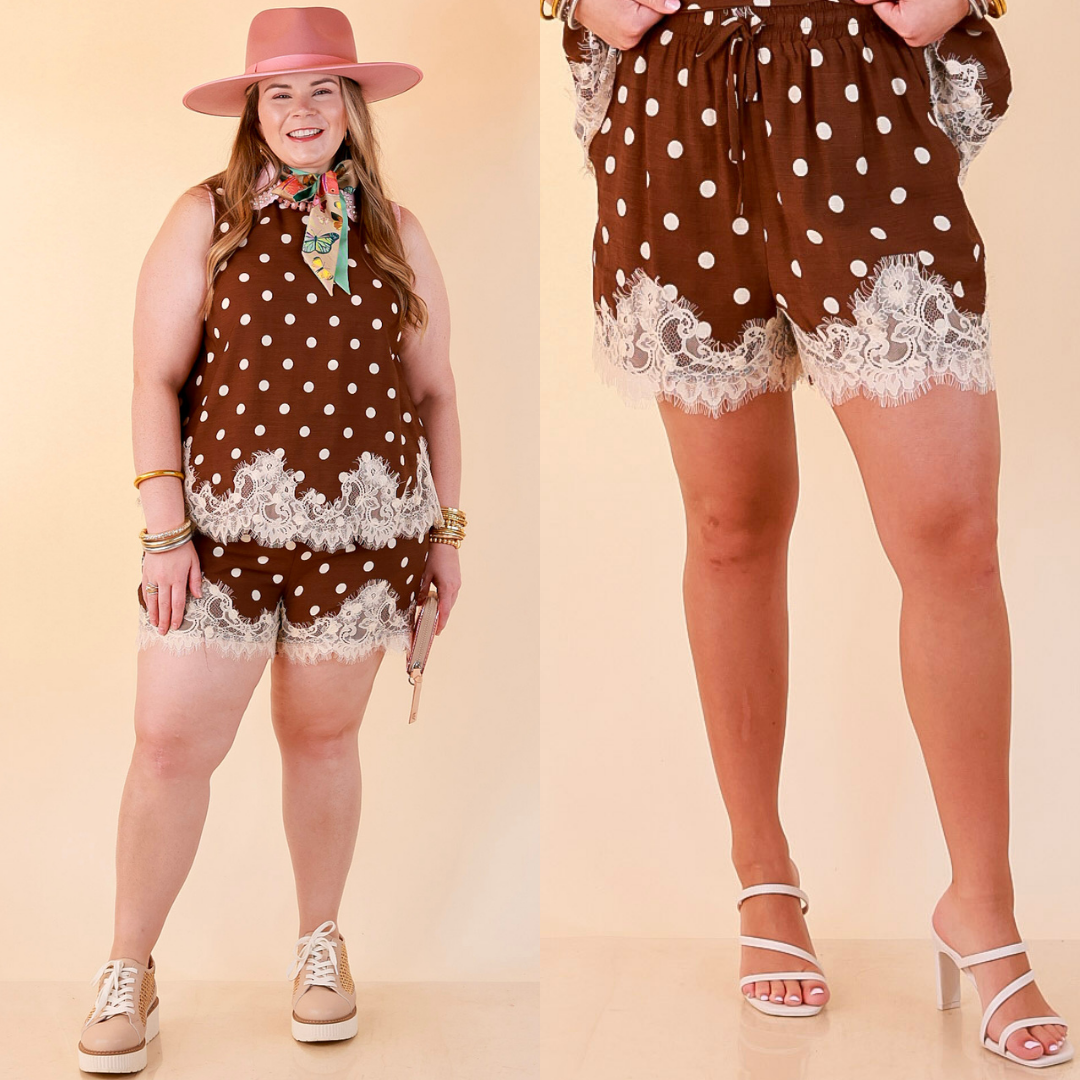 Pretty Little Something Polka Dot Drawstring Shorts with Lace Trim in Chocolate Brown
