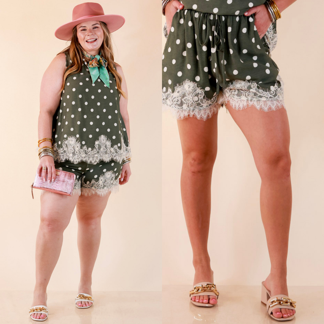 Pretty Little Something Polka Dot Drawstring Shorts with Lace Trim in Olive Green