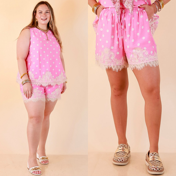 Pretty Little Something Polka Dot Drawstring Shorts with Lace Trim in Pink