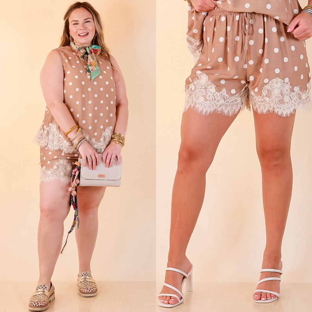 Pretty Little Something Polka Dot Drawstring Shorts with Lace Trim in Tan