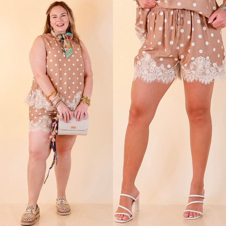 Pretty Little Something Polka Dot Drawstring Shorts with Lace Trim in Tan