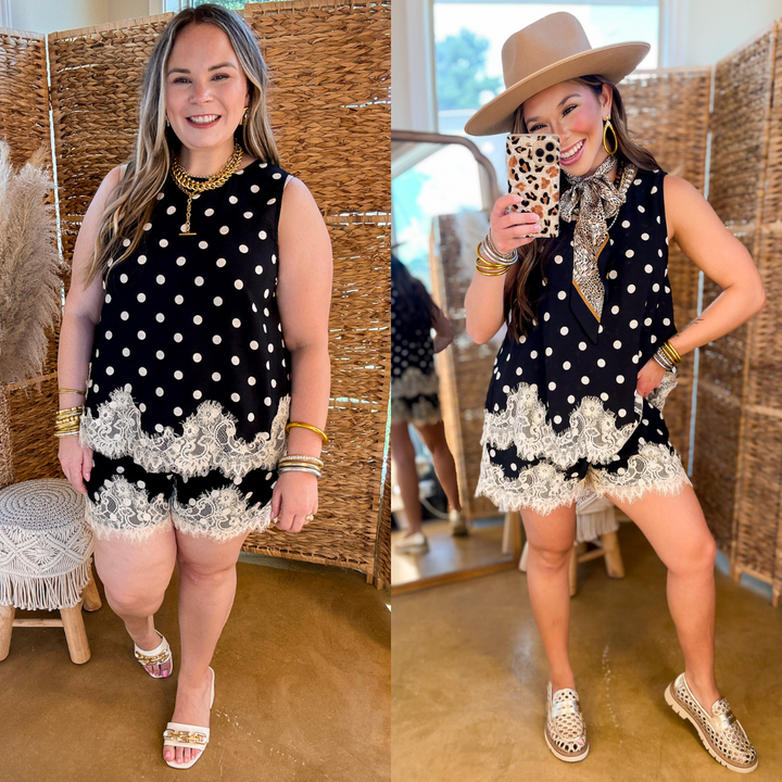 Pretty Little Something Polka Dot Sleeveless Tank Top with Lace Trim Detailing in Black