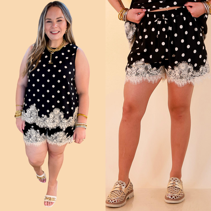 Pretty Little Something Polka Dot Drawstring Shorts with Lace Trim in Black