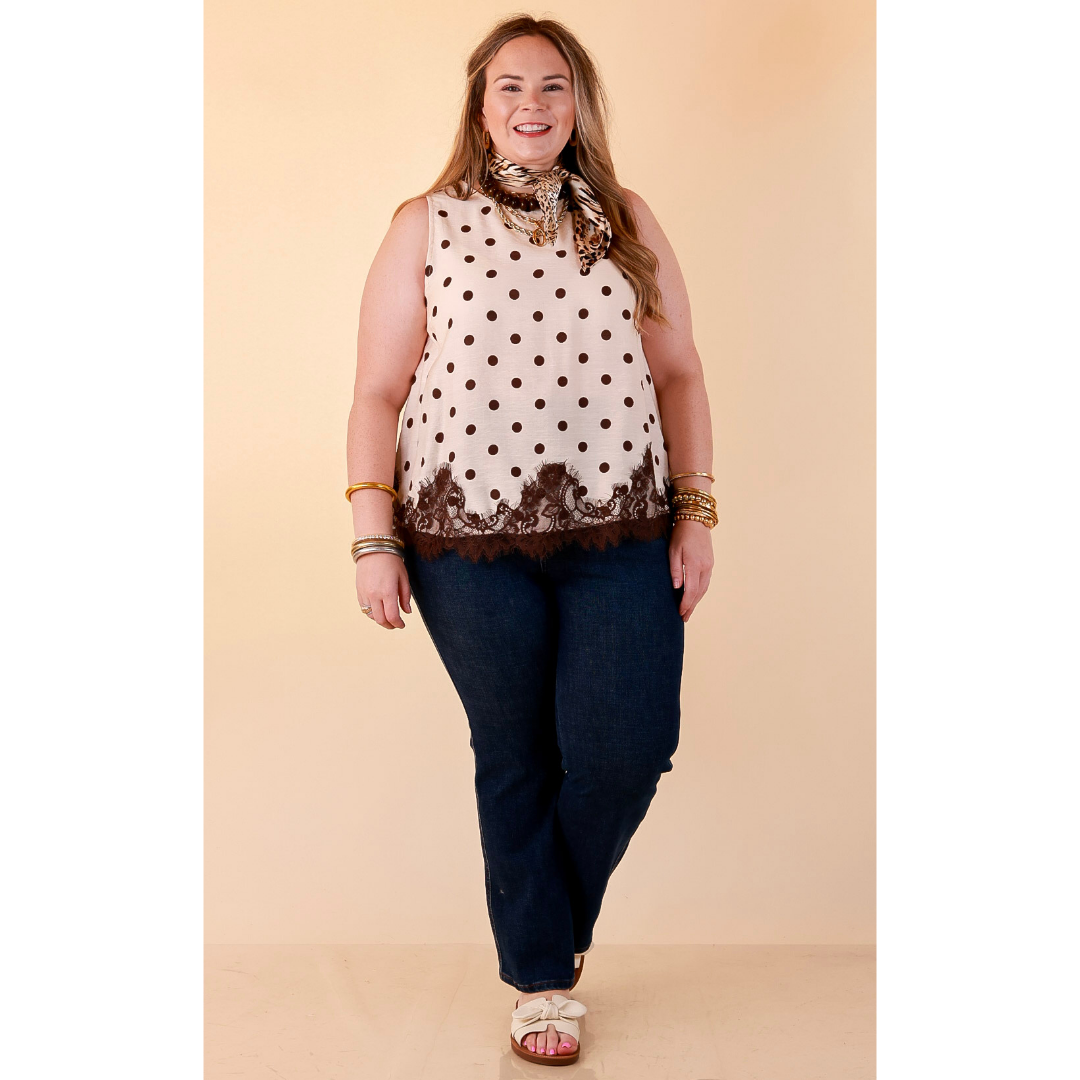 Pretty Little Something Polka Dot Sleeveless Tank Top with Lace Trim Detailing in Ivory