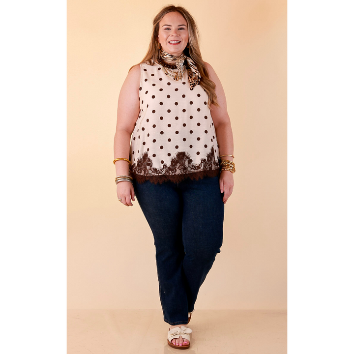 Pretty Little Something Polka Dot Sleeveless Tank Top with Lace Trim Detailing in Ivory