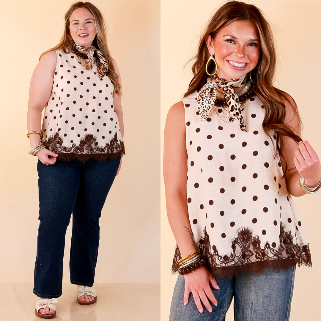 Pretty Little Something Polka Dot Sleeveless Tank Top with Lace Trim Detailing in Ivory