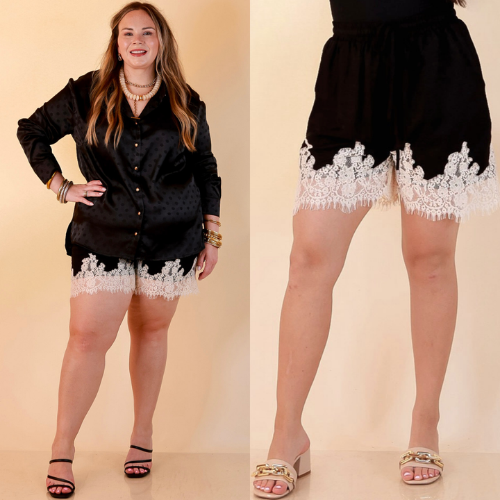 Pretty Little Something Solid Drawstring Shorts with Lace Trim in Black