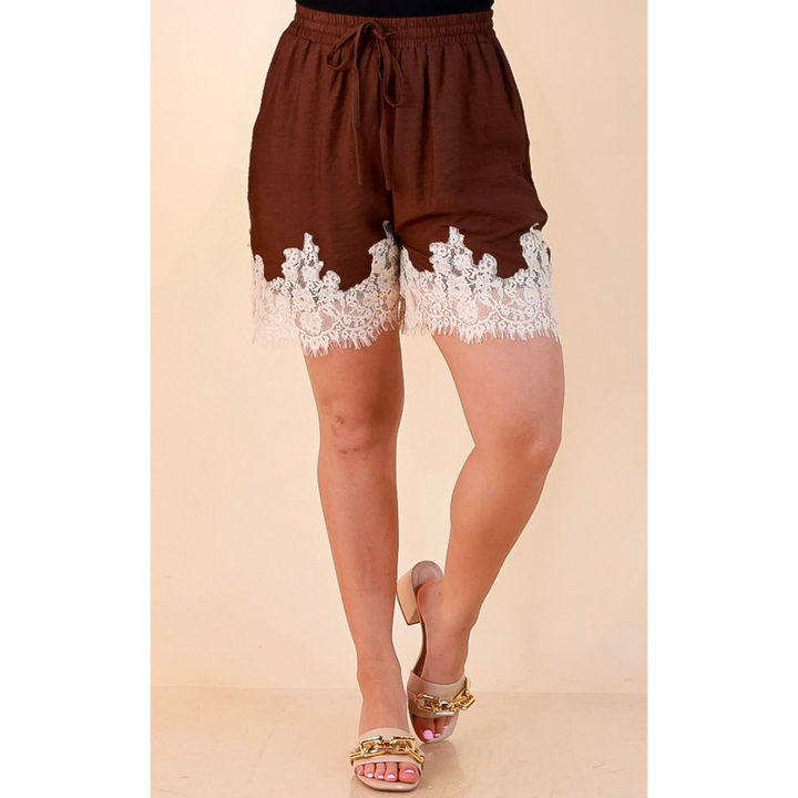 Pretty Little Something Solid Drawstring Shorts with Lace Trim in Chocolate Brown