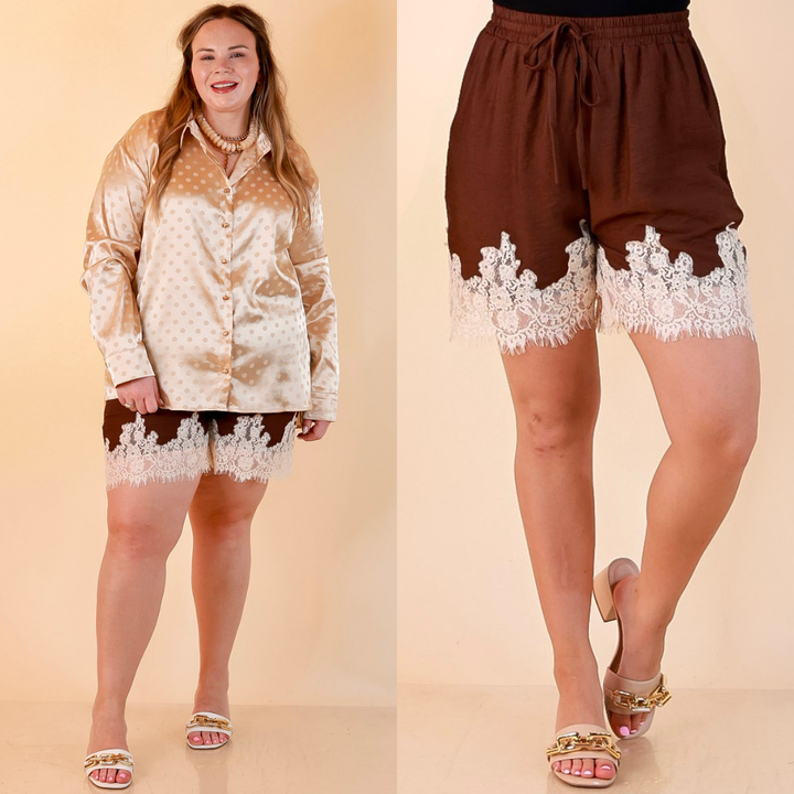 Pretty Little Something Solid Drawstring Shorts with Lace Trim in Chocolate Brown