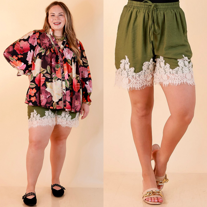 Pretty Little Something Solid Drawstring Shorts with Lace Trim in Olive Green