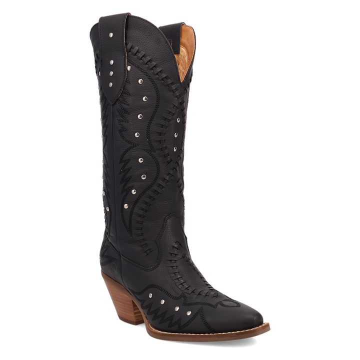 Tall black leather cowboy boot featuring intricate whipstitch detailing, tonal western embroidery, and silver stud accents throughout the shaft and foot. Designed with a classic pointed toe, pull tabs, and a stacked tan leather heel for a bold, modern take on traditional western style.
