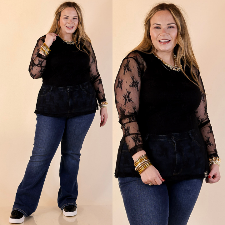 Model is wearing floral print lace top with ruffle peter pan collar and blue jeans on a beige background.
