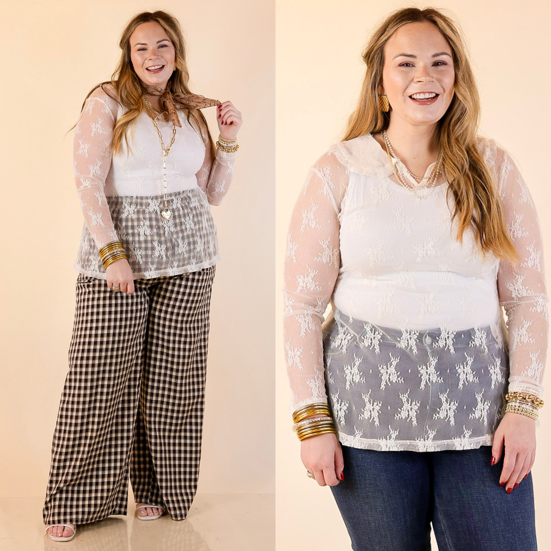 Model is wearing floral print lace top with ruffle peter pan collar against a beige background.