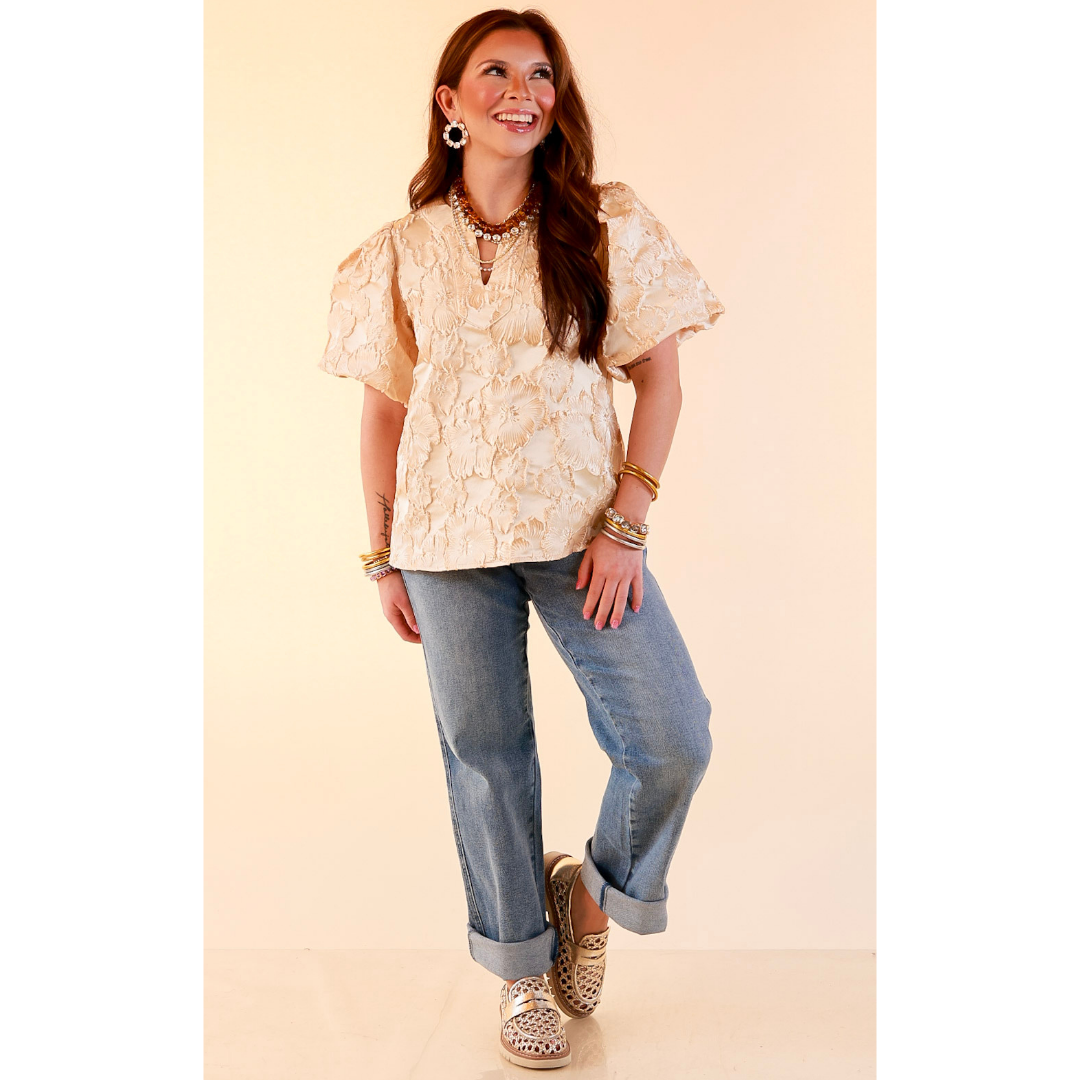 Pretty in Practice Textured Floral Print Puff Sleeve Blouse in Champagne Ivory