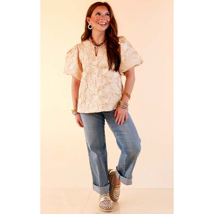 Pretty in Practice Textured Floral Print Puff Sleeve Blouse in Champagne Ivory