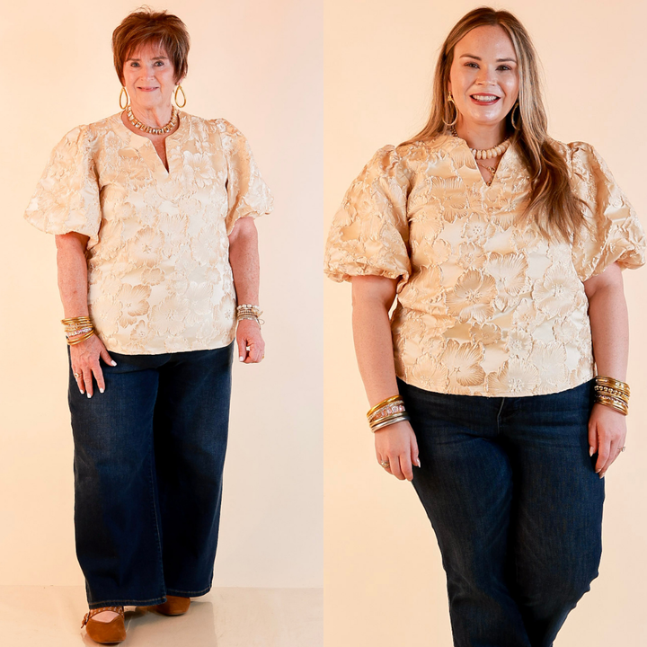Pretty in Practice Textured Floral Print Puff Sleeve Blouse in Champagne Ivory