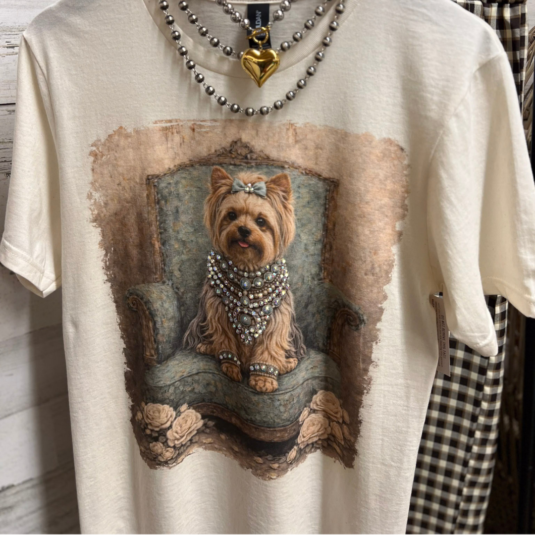 Prissy Penny Glam Turquoise Blue Yorkie Short Sleeve Graphic Tee with Crystals in Cream