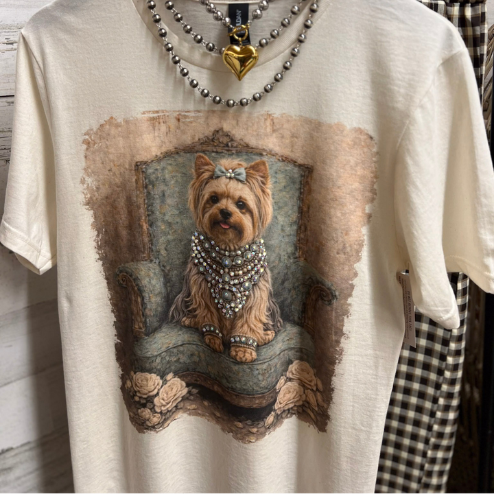Prissy Penny Glam Turquoise Blue Yorkie Short Sleeve Graphic Tee with Crystals in Cream