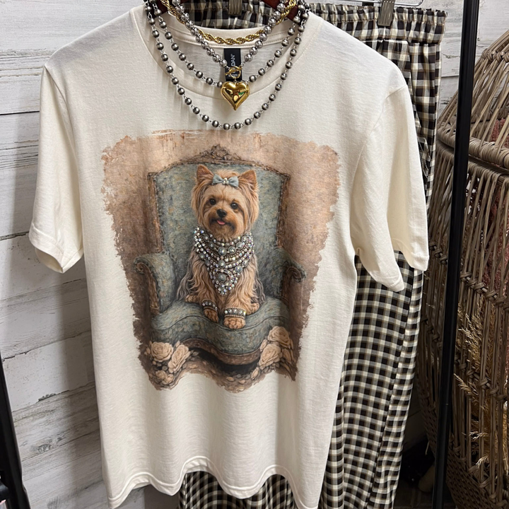 Prissy Penny Glam Turquoise Blue Yorkie Short Sleeve Graphic Tee with Crystals in Cream
