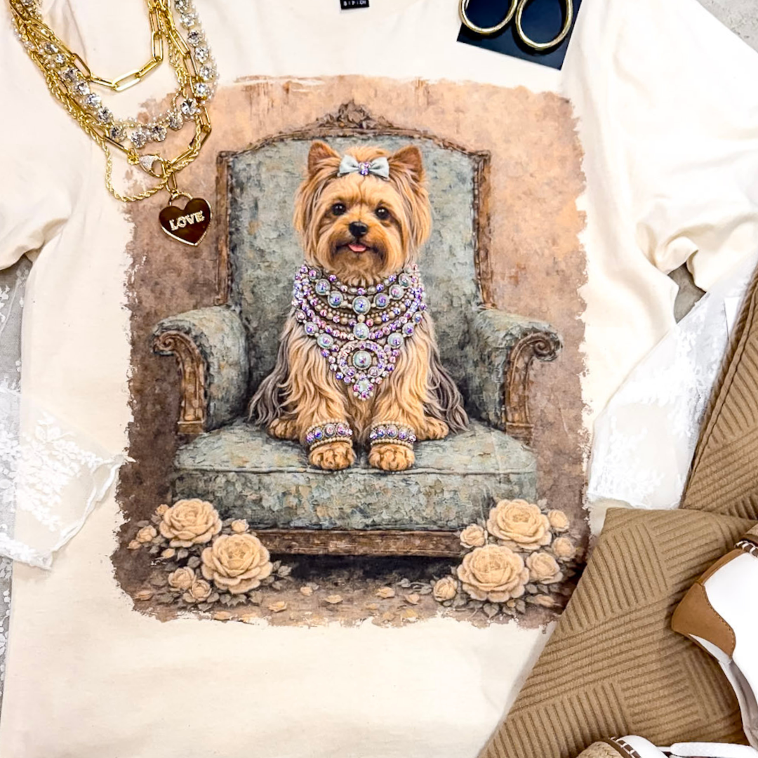 Prissy Penny Glam Turquoise Blue Yorkie Short Sleeve Graphic Tee with Crystals in Cream