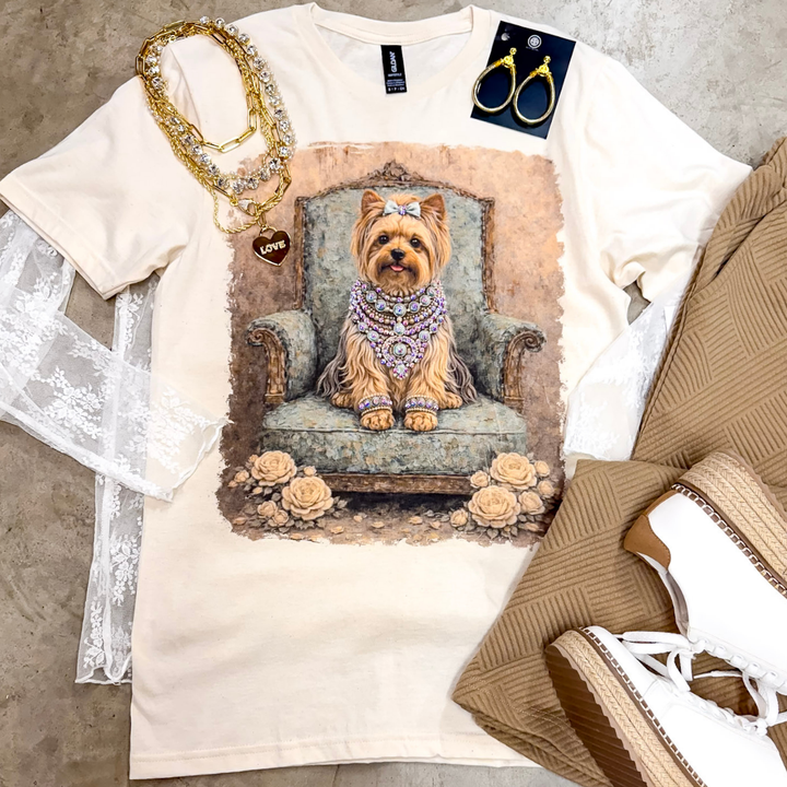 Prissy Penny Glam Turquoise Blue Yorkie Short Sleeve Graphic Tee with Crystals in Cream