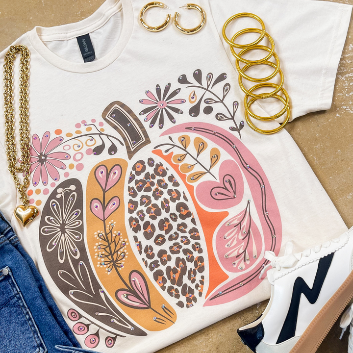 Pumpkin Patch Cutie Floral Pumpkin Short Sleeve Graphic Tee with Crystals in Cream