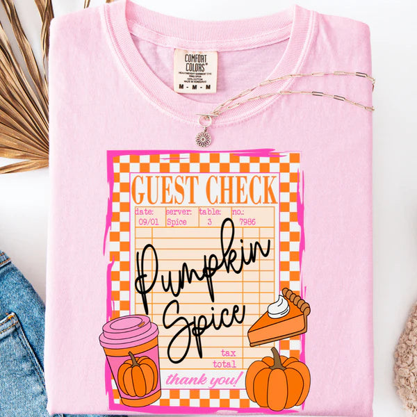 Pink t-shirt with 'Guest Check Pumpkin Spice' design on a white background