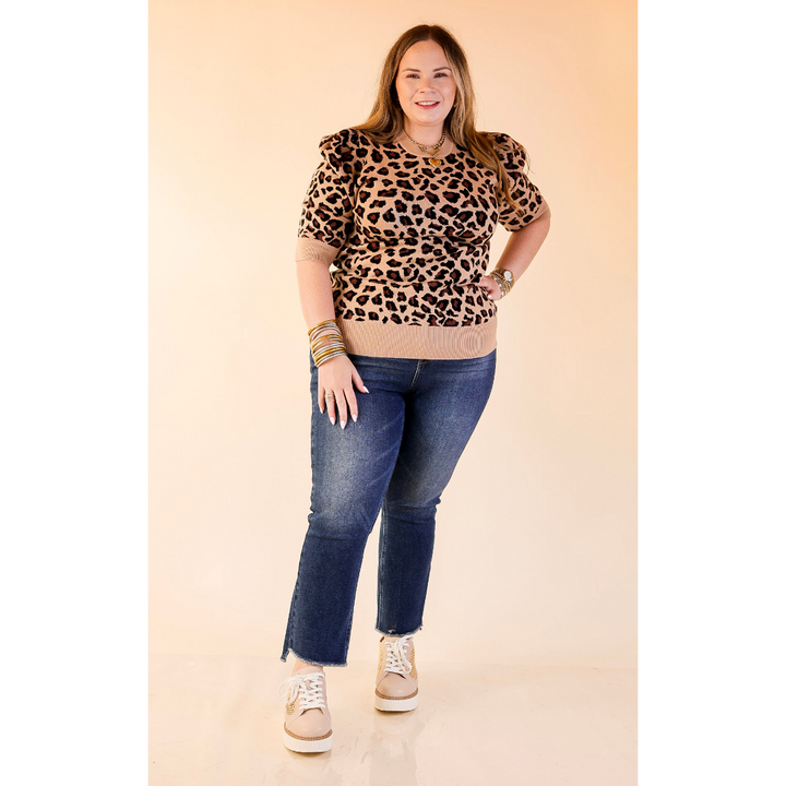 Purrfectly Chic Leopard Print Short Sleeve Sweater in Tan