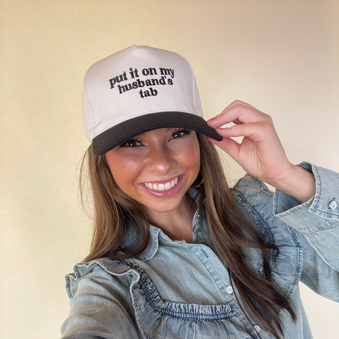 Put It On My Husband's Tab Two Tone Canvas Trucker Cap in Multiple Color Options