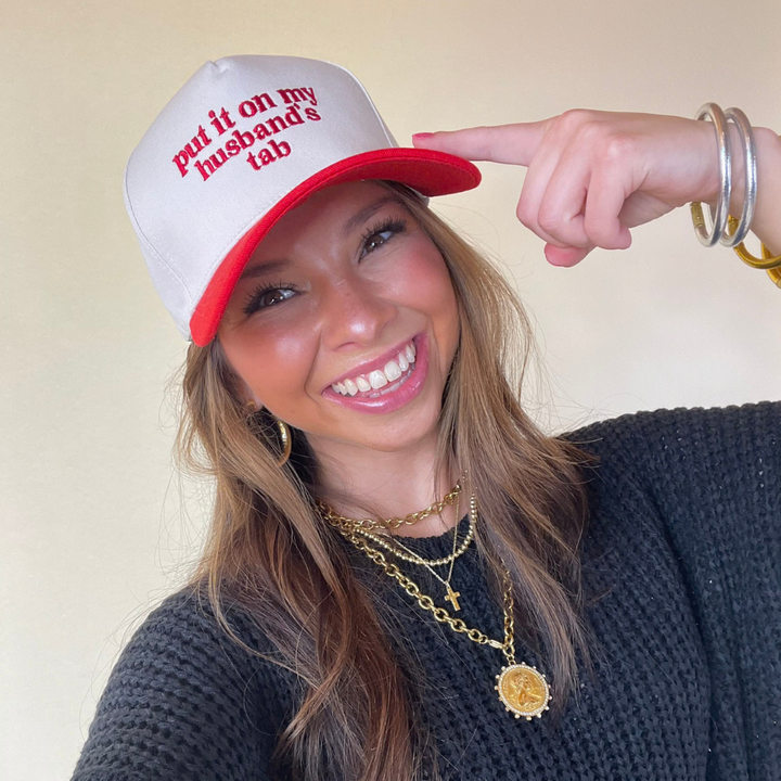 Put It On My Husband's Tab Two Tone Canvas Trucker Cap in Multiple Color Options